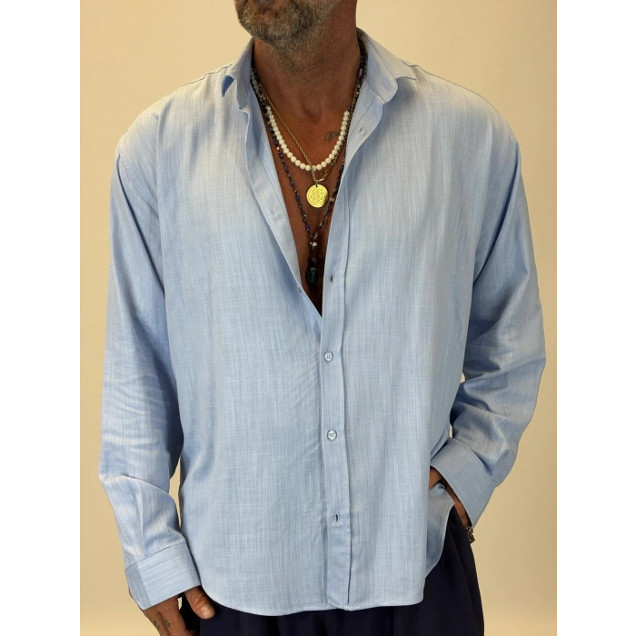 Organic Keten Relax Fit Gömlek Mavi