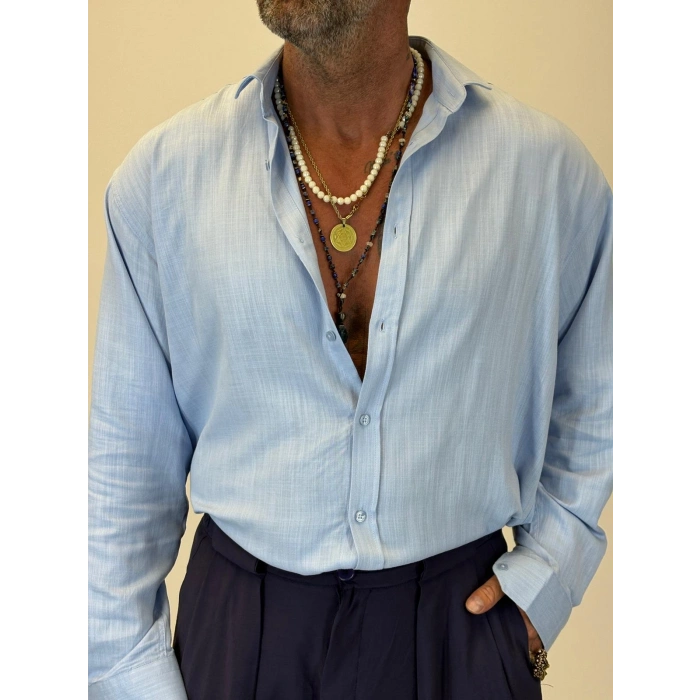 Organic Keten Relax Fit Gömlek Mavi