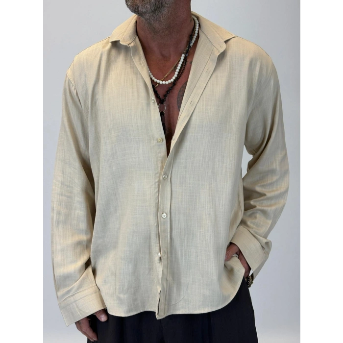 Organic Keten Relax Fit Gömlek Bej