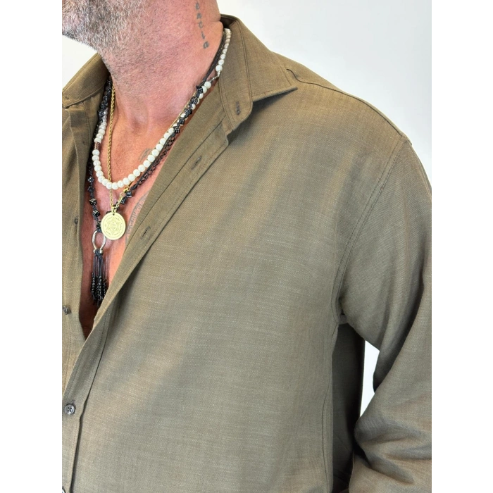 Organic Keten Relax Fit Gömlek Kahve