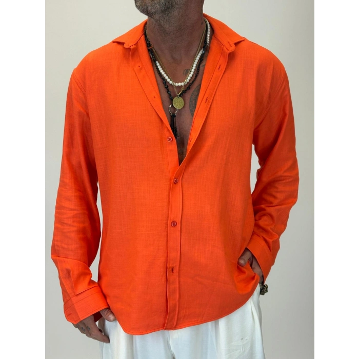 Organic Keten Relax Fit Gömlek Turuncu