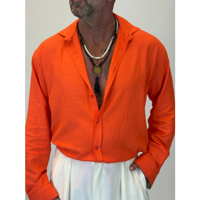 Organic Keten Relax Fit Gömlek Turuncu