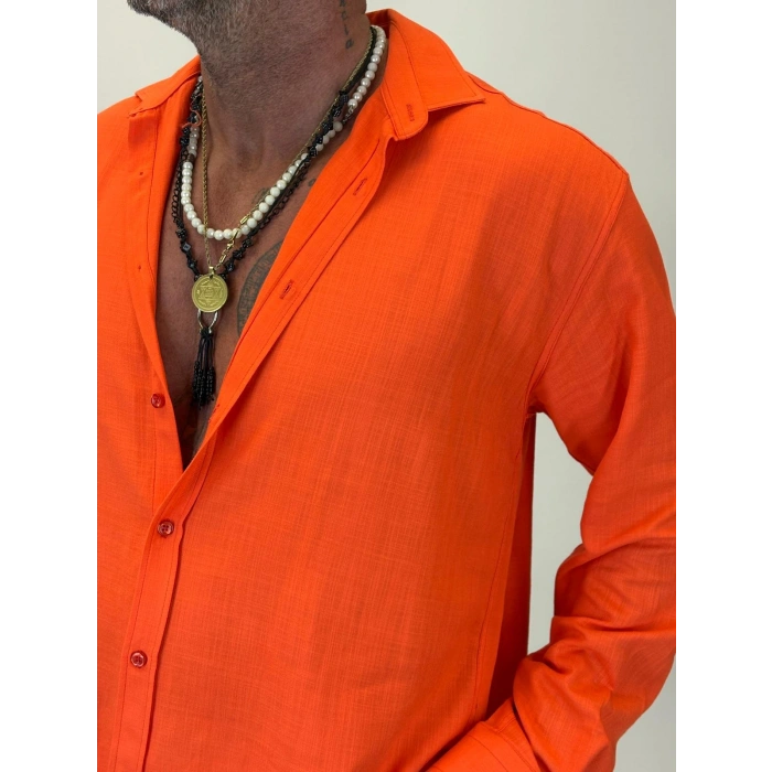 Organic Keten Relax Fit Gömlek Turuncu