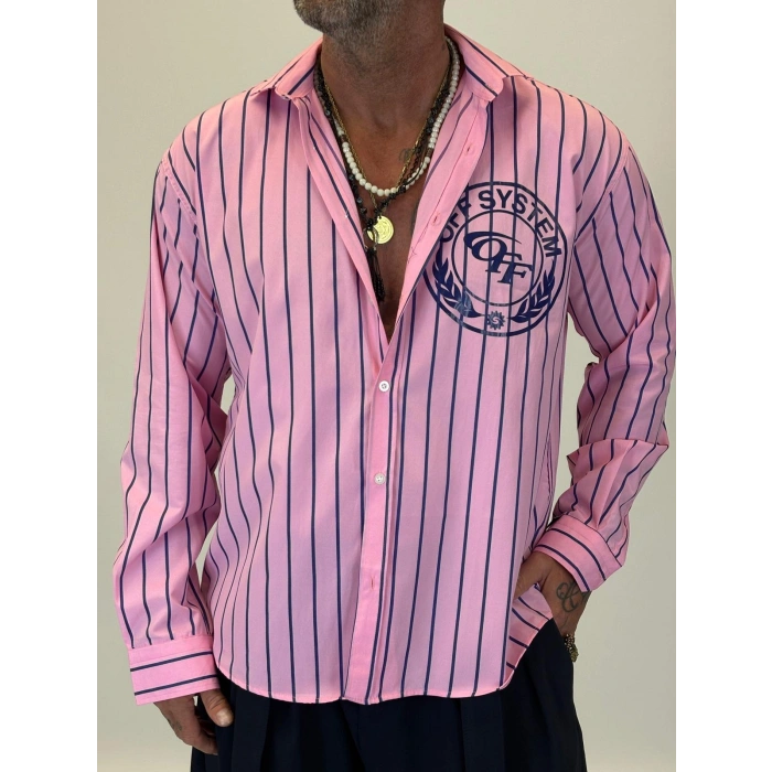 Off System Baskılı Çizgili Gömlek Pembe