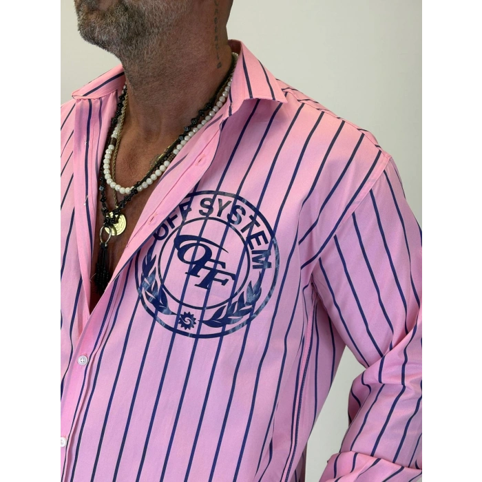 Off System Baskılı Çizgili Gömlek Pembe
