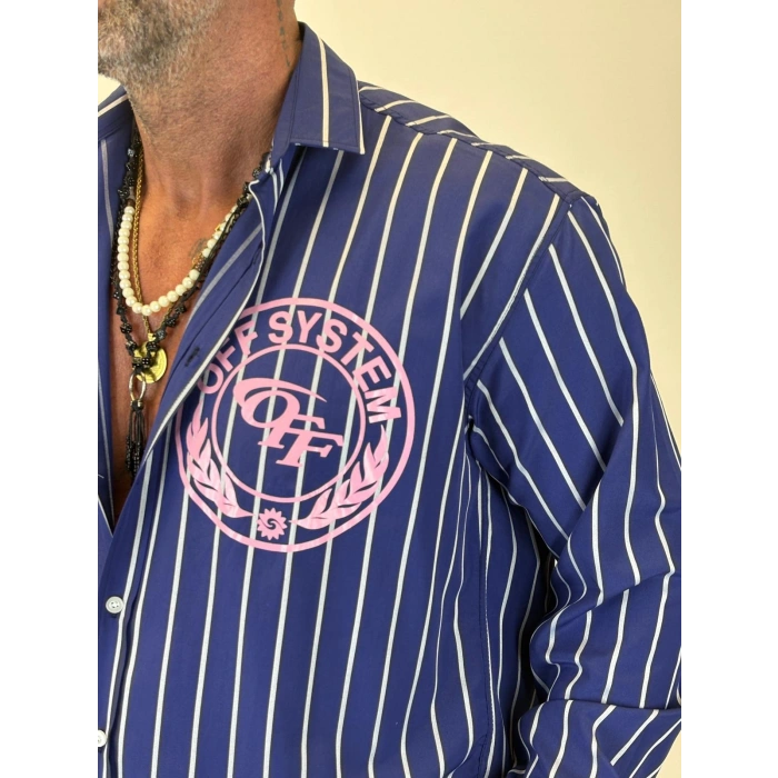Off System Baskılı Çizgili Gömlek Lacivert