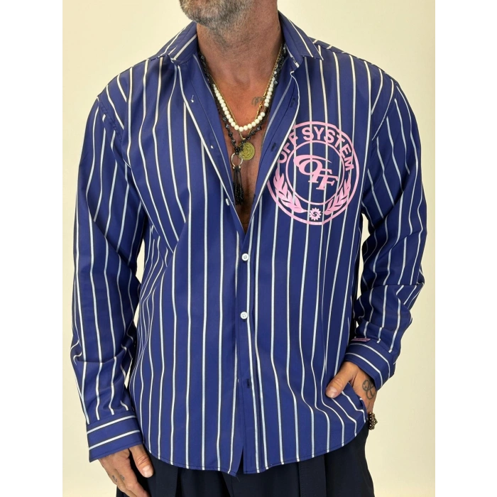 Off System Baskılı Çizgili Gömlek Lacivert