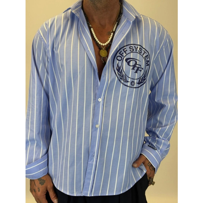 Off System Baskılı Çizgili Gömlek Mavi