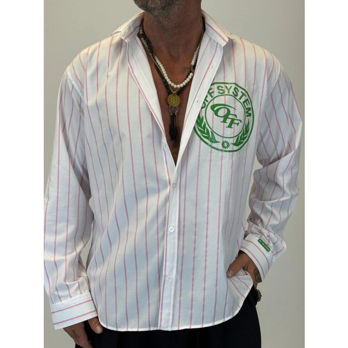 Off System Baskılı Çizgili Gömlek Beyaz Pembe