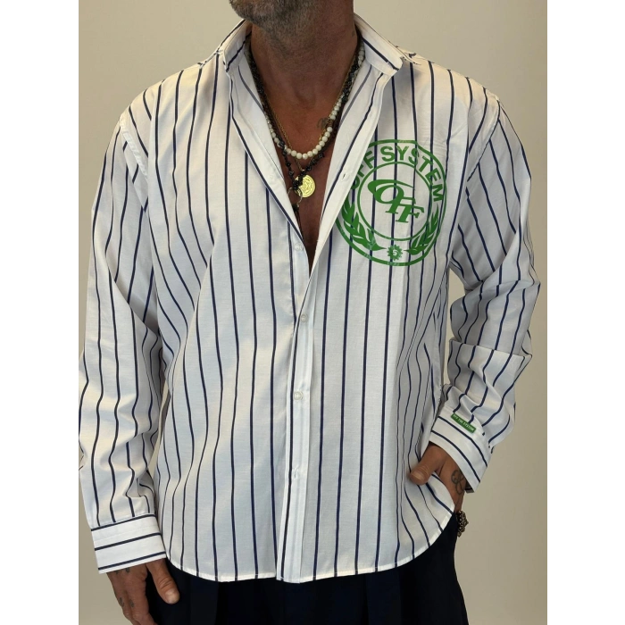 Off System Baskılı Çizgili Gömlek Beyaz Lacivert