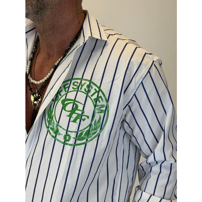 Off System Baskılı Çizgili Gömlek Beyaz Lacivert