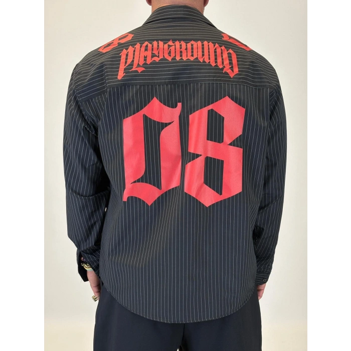 08 Baskılı Çizgili Gömlek Siyah