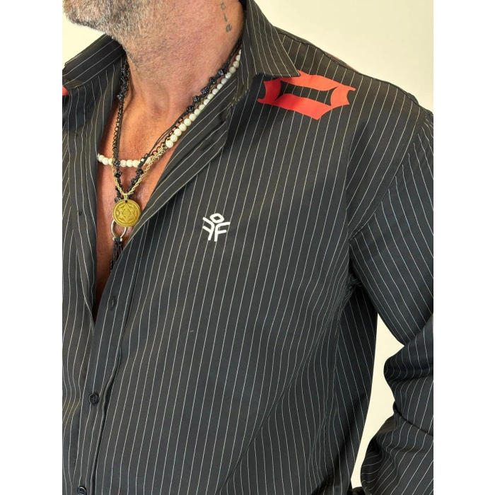 08 Baskılı Çizgili Gömlek Siyah