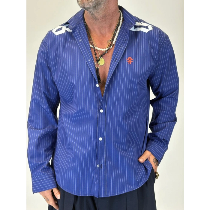 08 Baskılı Çizgili Gömlek Lacivert