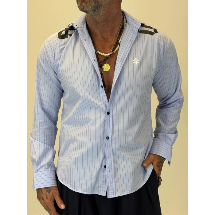 08 Baskılı Çizgili Gömlek Mavi