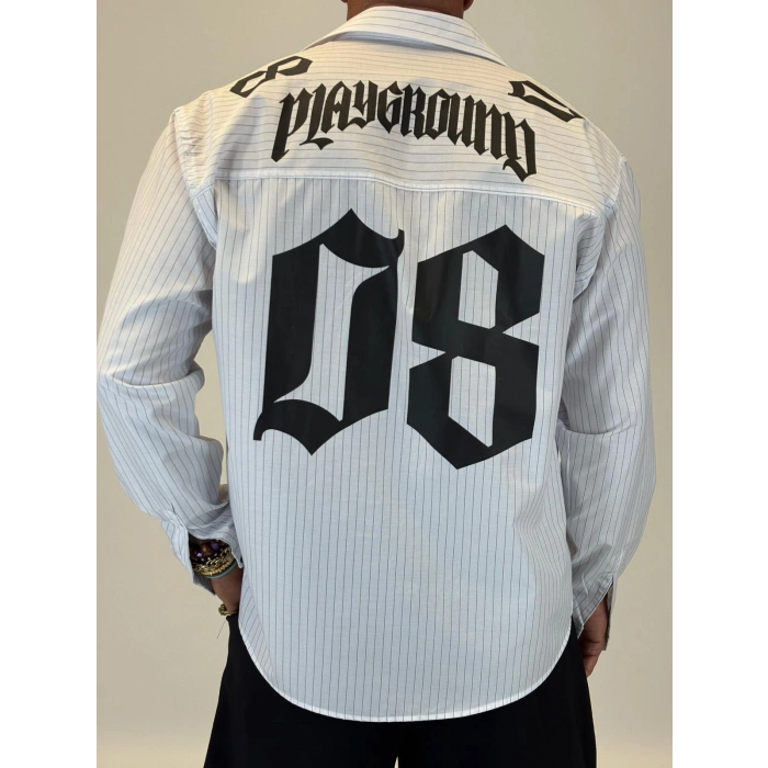 08 Baskılı Çizgili Gömlek Beyaz