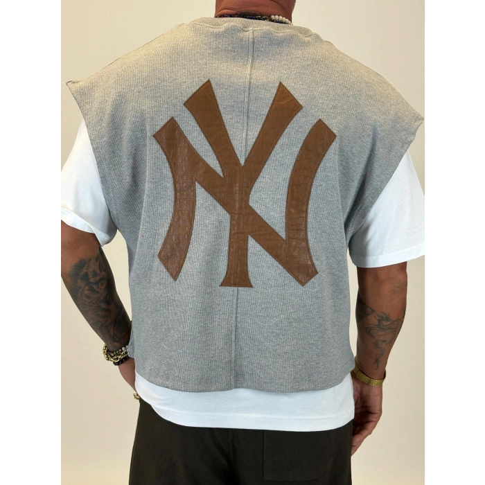 NY Final Çift Katlı Crop +T-shirt Gri