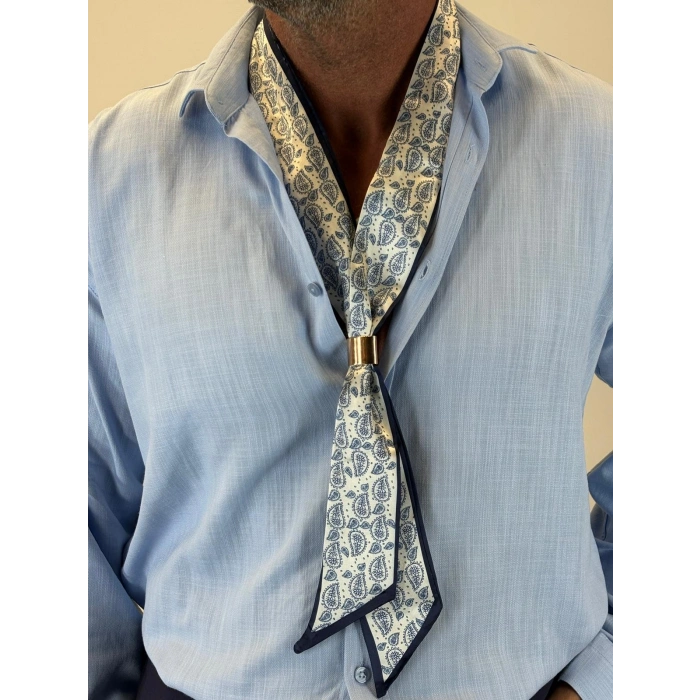 Broşlu Fular Mavi Desenli