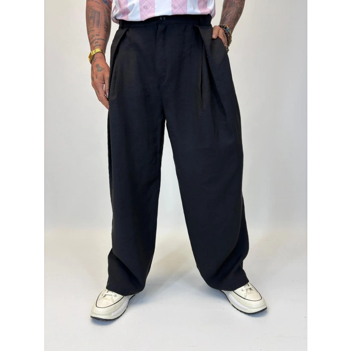 Organic Tesla Çapraz Pile Pantolon Siyah