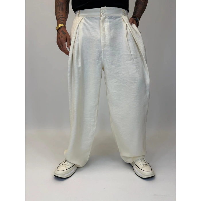 Organic Tesla Çapraz Pile Pantolon Beyaz