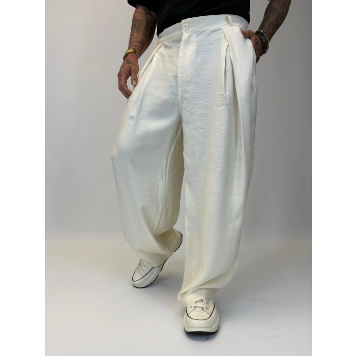 Organic Tesla Çapraz Pile Pantolon Beyaz
