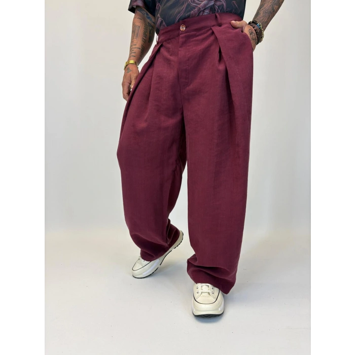 Organic Tesla Çapraz Pile Pantolon Bordo