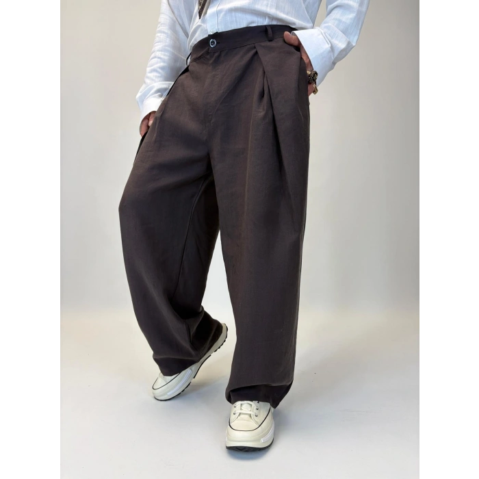 Organic Tesla Çapraz Pile Pantolon Kahve