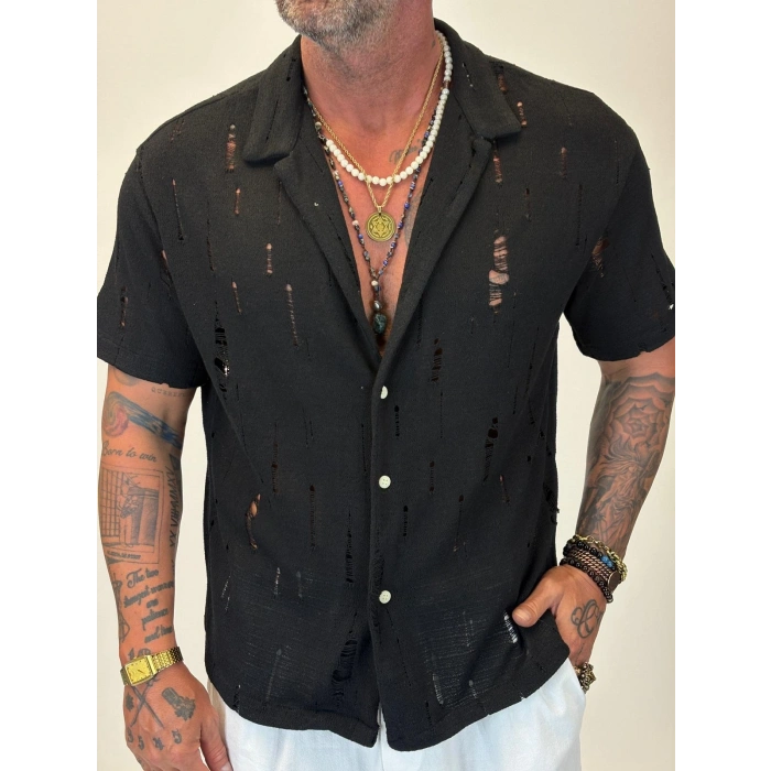 Triko Akrilik Yıpratma Gömlek Siyah