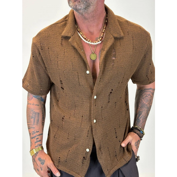 Triko Akrilik Yıpratma Gömlek Kahve