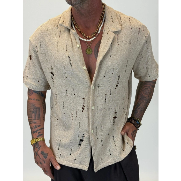 Triko Akrilik Yıpratma Gömlek Bej