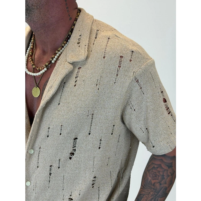 Triko Akrilik Yıpratma Gömlek Bej