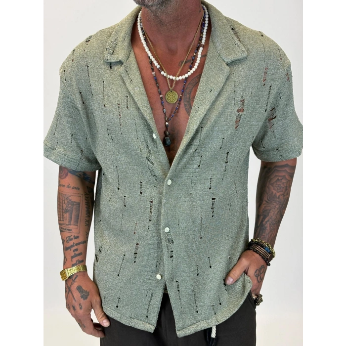 Triko Akrilik Yıpratma Gömlek Yeşil