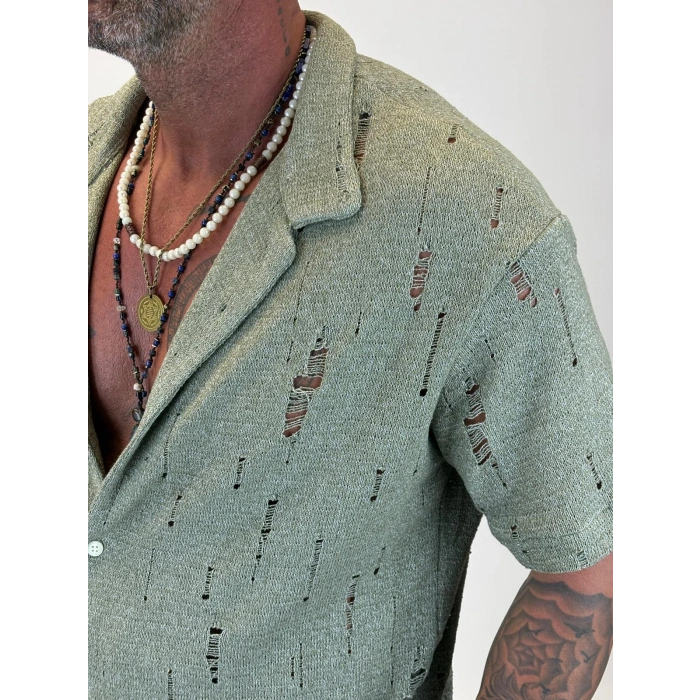 Triko Akrilik Yıpratma Gömlek Yeşil