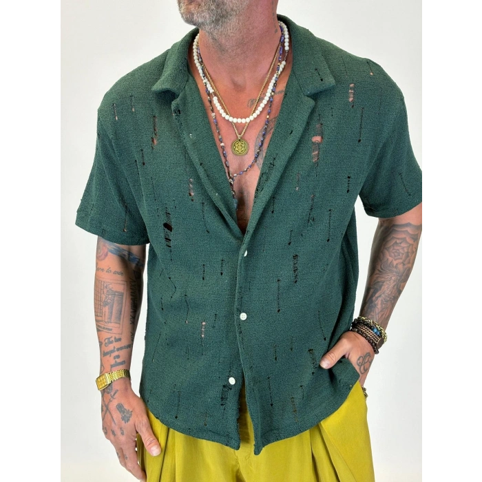 Triko Akrilik Yıpratma Gömlek Koyu Yeşil