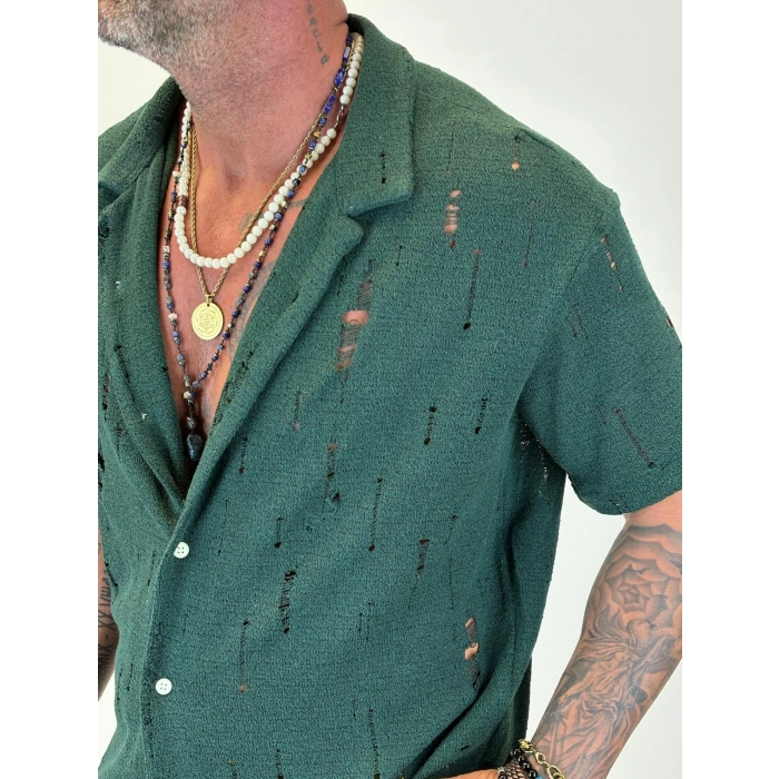 Triko Akrilik Yıpratma Gömlek Koyu Yeşil