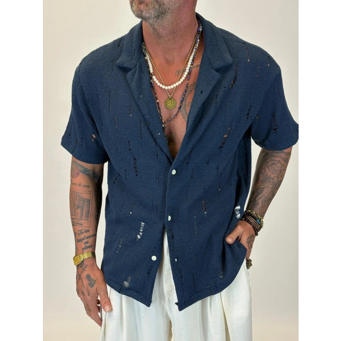 Triko Akrilik Yıpratma Gömlek Lacivert