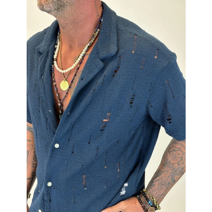 Triko Akrilik Yıpratma Gömlek Lacivert