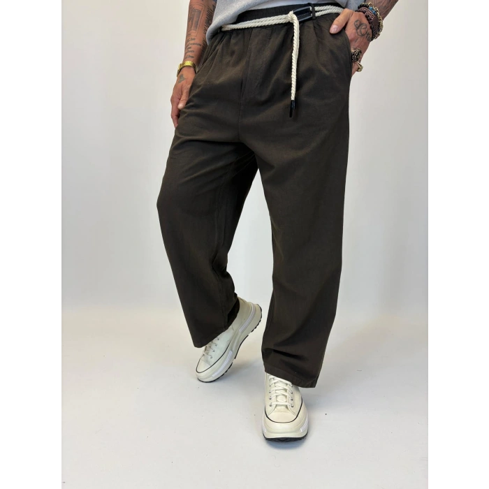 Yıkamalı Hasır Keten Kemer Detaylı Pantolon Kahverengi