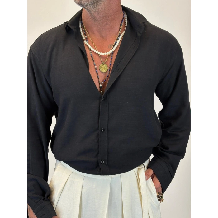 Organic Keten Relax Fit Gömlek Siyah