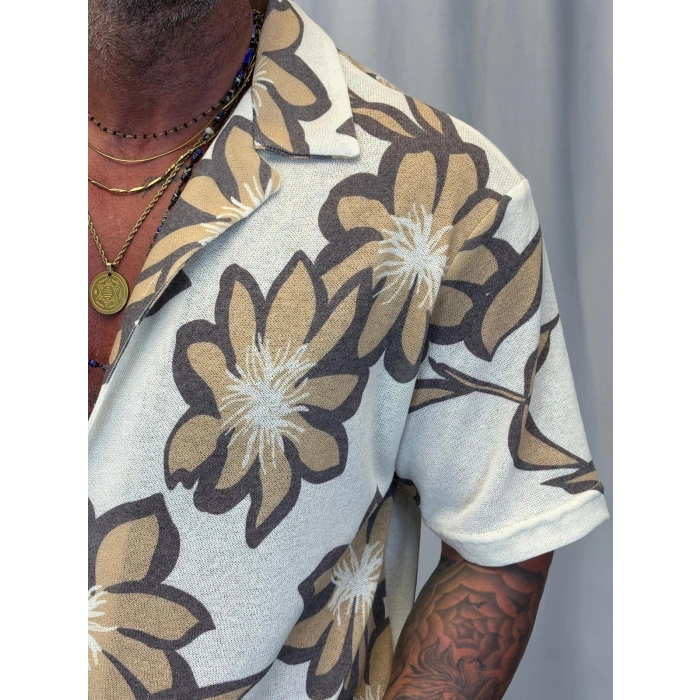 Triko Likralı Çiçek Desenli Gömlek Kahverengi