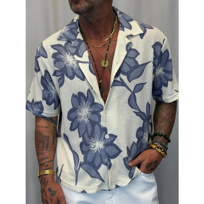 Triko Likralı Çiçek Desenli Gömlek Mavi