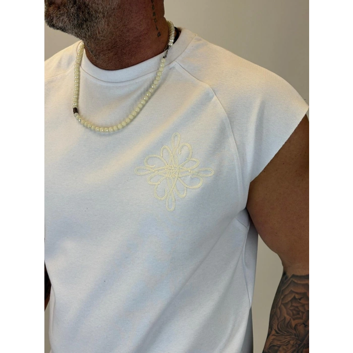Nakış Detaylı Sleeveless T-shirt Beyaz