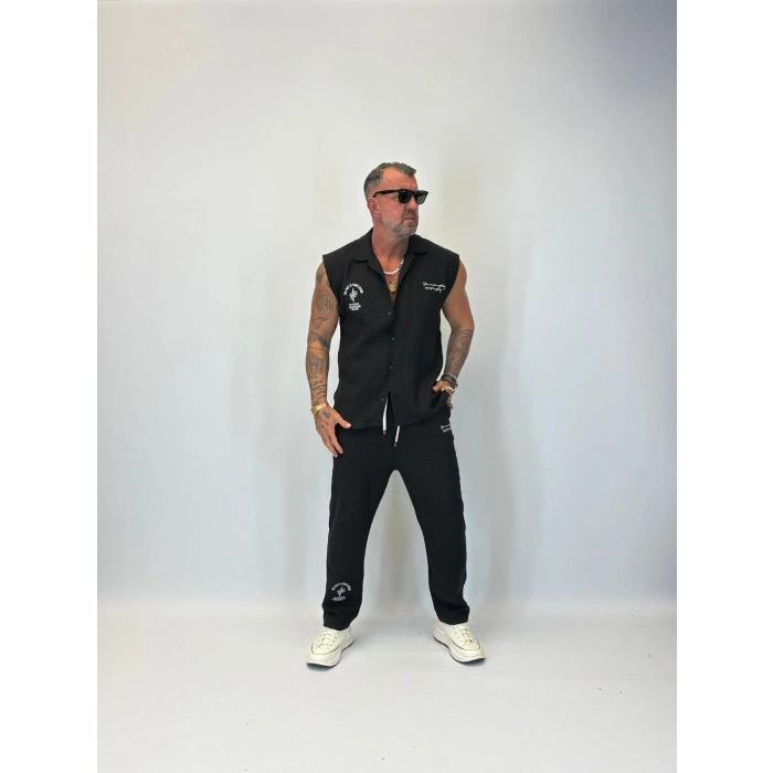 Yıkamalı Hasır Kolsuz Takım Siyah