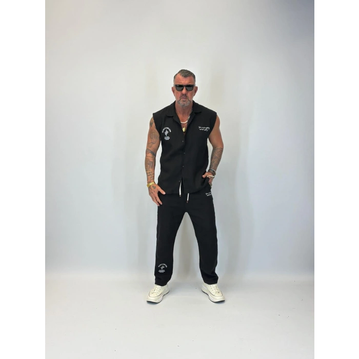 Yıkamalı Hasır Kolsuz Takım Siyah