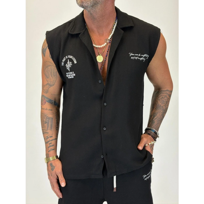 Yıkamalı Hasır Kolsuz Takım Siyah