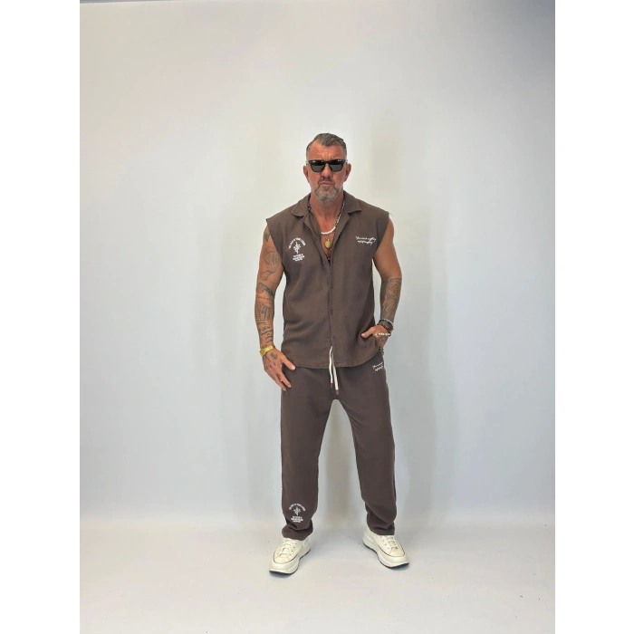 Yıkamalı Hasır Kolsuz Takım Kahverengi