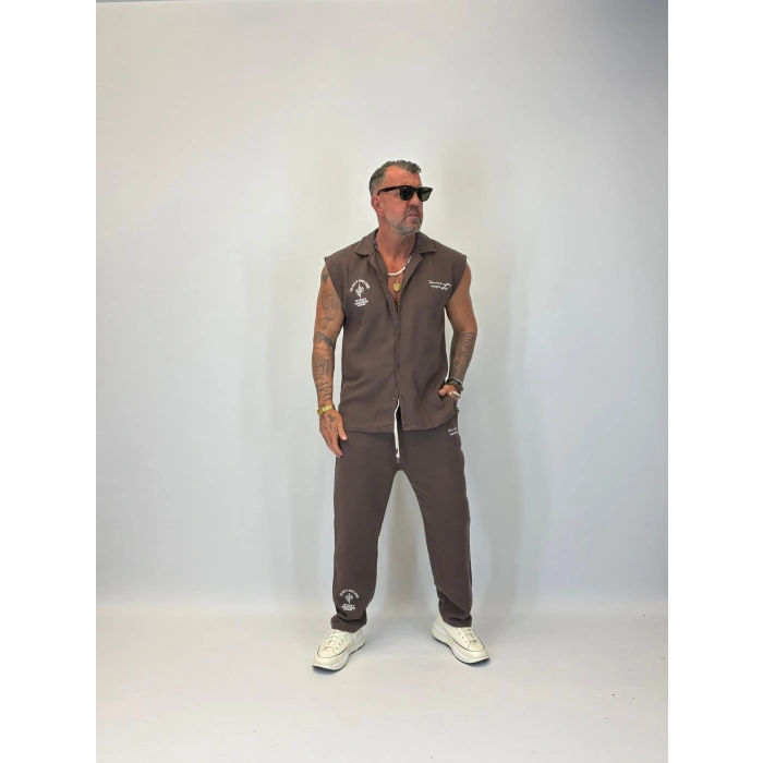 Yıkamalı Hasır Kolsuz Takım Kahverengi