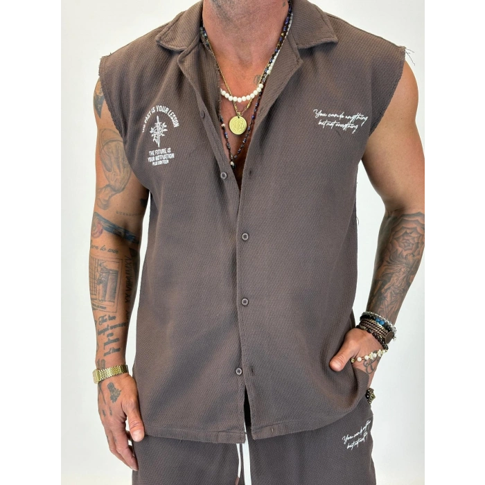 Yıkamalı Hasır Kolsuz Takım Kahverengi