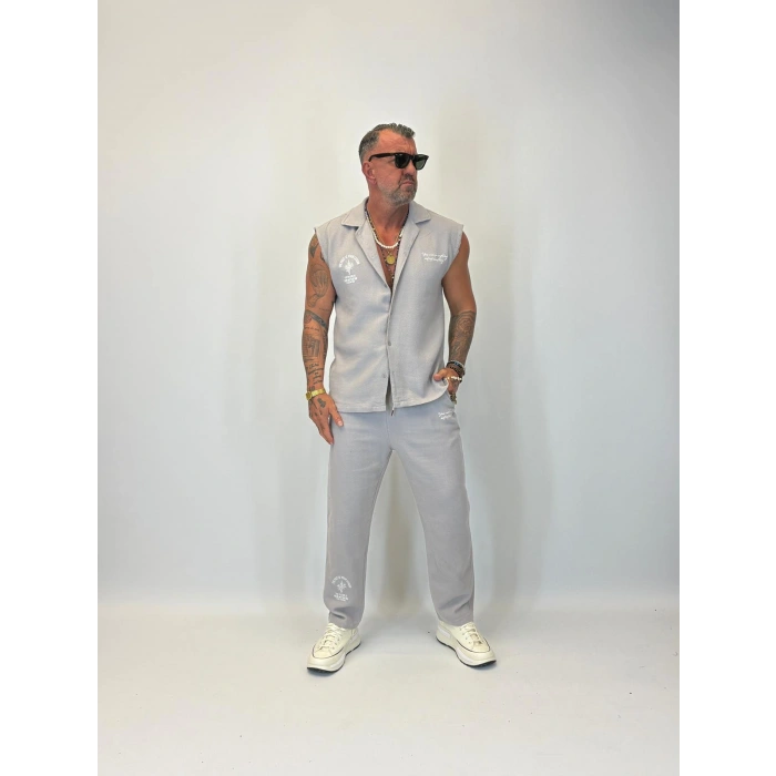 Yıkamalı Hasır Kolsuz Takım Gri