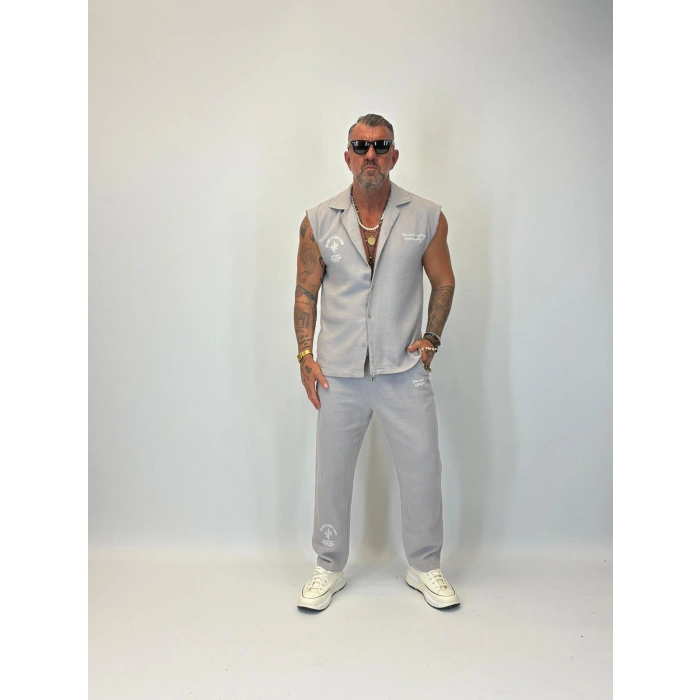 Yıkamalı Hasır Kolsuz Takım Gri